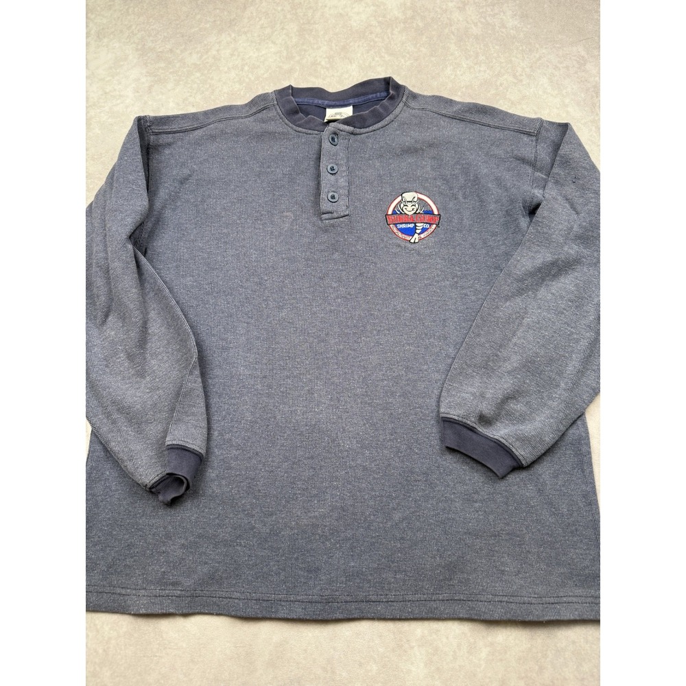 VTG Bubba Gump Shrimp Co Men L/XL* Henley Shirt Long Sleeve Ribbed Blue Logo USA